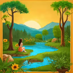 a painting of a girl sitting in the forest next to a river,an artistic painting of a woman sitting by the river