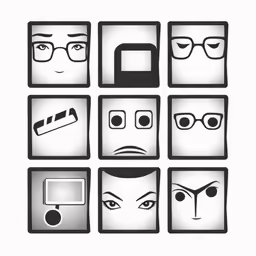 black and white square icons of eyes, nose, head, eyeglasses, eyeglasses