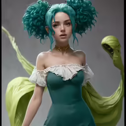 a 3d rendering of a woman with bright green hair
