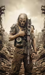 a man is holding a rifle in front of the camera