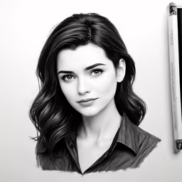 black and white photo of a girl with an ink pencil