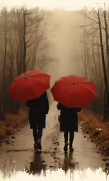 two people holding red umbrellas walk down a road