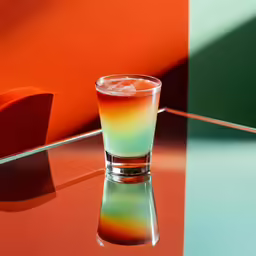 a shot glass on a table with an orange background