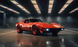 an orange muscle car in a dimly lit parking lot