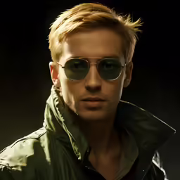 the young man has blonde hair and glasses