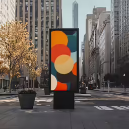 an artistic billboard on a city sidewalk near tall buildings