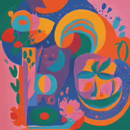 art with many different colors and designs,a painting on a green and pink background