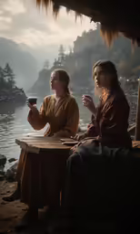 two women sitting at a table with coffee