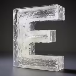 an icy glass letter e on a dark background