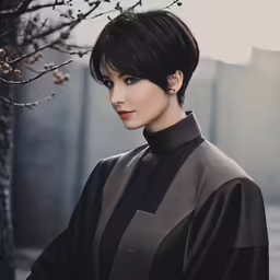 a woman with short black hair in a jacket