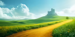 an image of a dirt road going to a castle