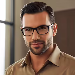 a male model wears glasses and is posing for the camera