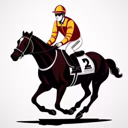 a man is riding a horse while wearing a helmet,jockey in red, yellow and black on the horse