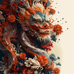 a dragon painting has flowers surrounding it