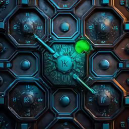 a green piece of machinery sitting next to a set of numbers