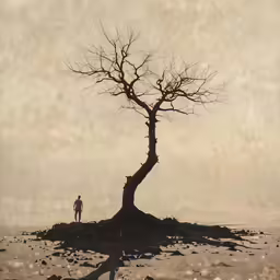 a lone person standing near a tree in the desert