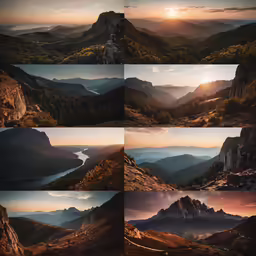 four pictures of mountains with mountains and trees