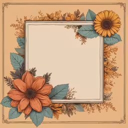 an art work with flowers, leaves and an empty square frame,an empty place with two flowers and leaves on it