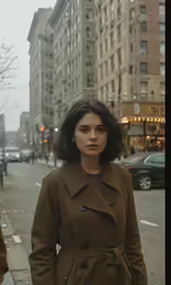a young woman standing next to a street