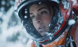 the girl is wearing an orange suit and a helmet