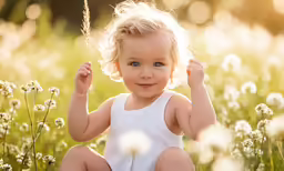a little blonde girl sitting in the grass