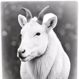 a white goat looks into the camera with big horns
