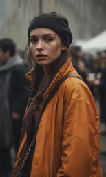 a woman wearing brown jacket and black beanie standing in street