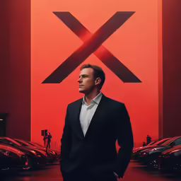 a man stands in front of a large red x sign