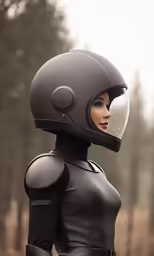the woman in the helmet is standing outside