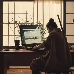a woman sitting at a table with a laptop