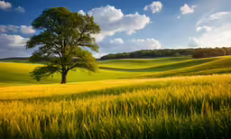 a tree in the middle of a field of wheat