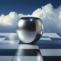 the ball and the sphere on a checkered surface look like a piece of art