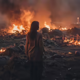 the girl is standing in front of a fire