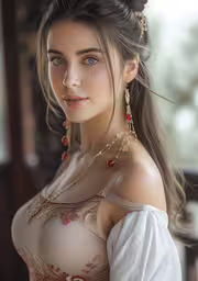 woman in a white dress with an elaborate top and gold headpiece,a young woman wearing a sheer top with red jewels