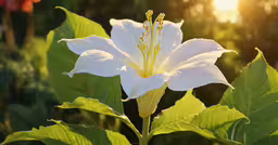 white flower with green leaves and sun in background,a white flower with green leaves in the sun