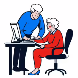 an old lady sits in front of a computer with a laptop on her desk