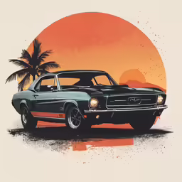a poster depicting an old mustang car sitting in front of the sun