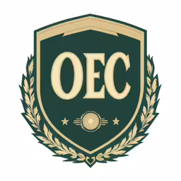 a green and gold shield with the oec on it