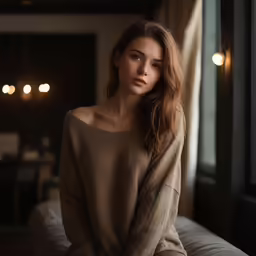 a young woman sits near the window in a brown sweater