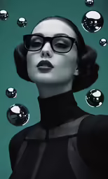 a woman with black glasses and the bubbles