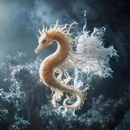 a white and yellow sea dragon floating in the air