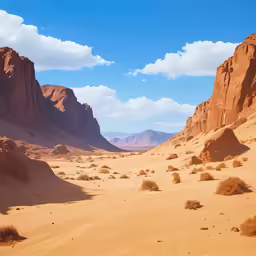 an empty desert with a mountain in the background