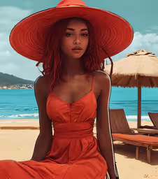 an artistic view of a woman in an orange dress on the beach,an animated character wearing a bright orange outfit