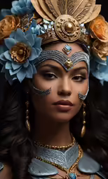 a woman in gold and blue costume with flowers on her head