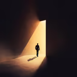 a person walking down an alley with the light shining in