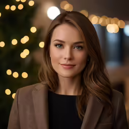 a woman looking at the camera in front of a christmas tree