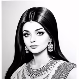 a drawing of a woman with long dark hair wearing earrings