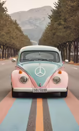 a colorful car parked along side a street