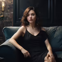 a woman in a black dress sitting on a couch