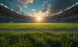 the sun sets on the field in an empty stadium